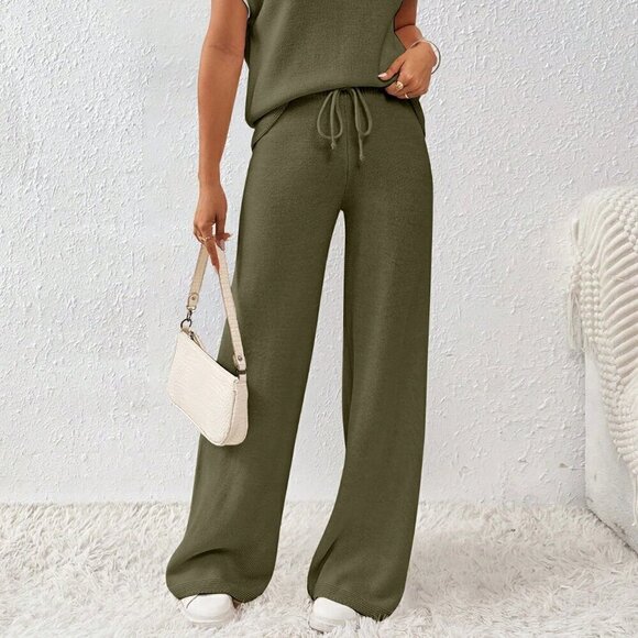 Army Green Women's Loose Knit Sweater & Drawstring Pants Set - Picture 3 of 7